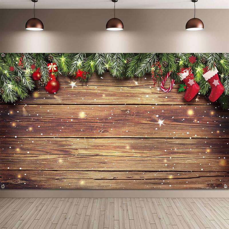 Christmas Wood Wall Decoration Background Christmas Photo Backdrop Fabric Glitter Snowflake Christmas Background Merry Xmas Background Backdrop for Holiday Photography Party, 72.8 x 43.3 Inch