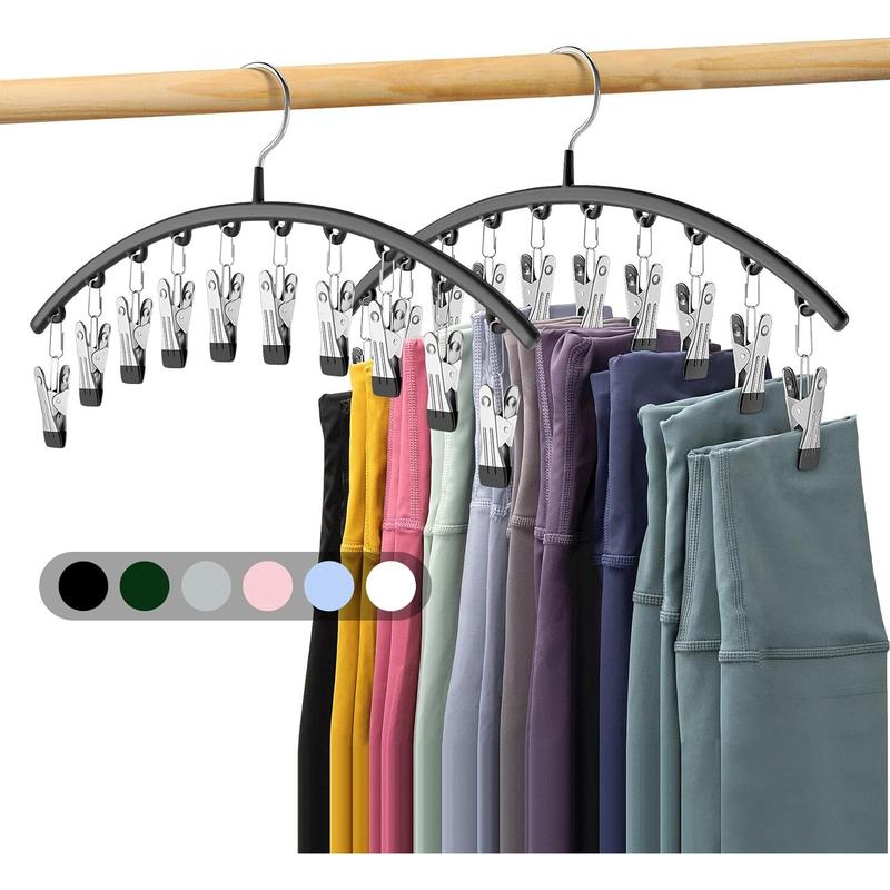 Legging Organizer for Closet,  Yoga Pants Hangers 2 Pack w 10 Clips Holds 20 Leggings, Space Saving Hanging Closet Organizer w Rubber Coated Closet Organizers and Storage, Black