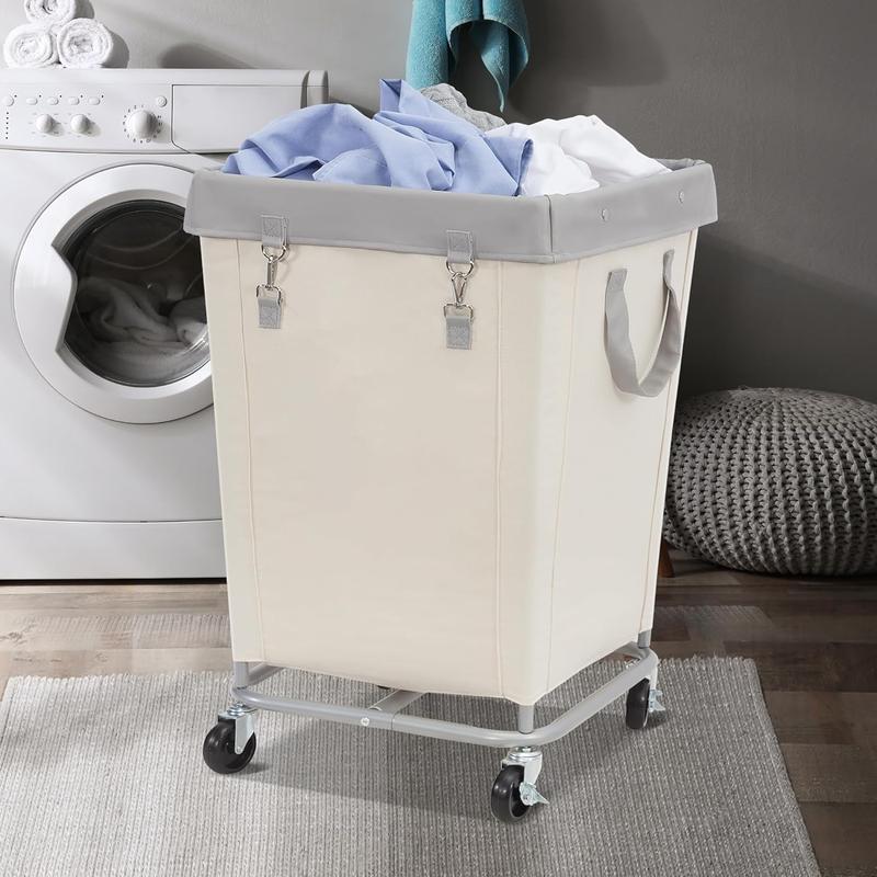 A Commercial Laundry Hamper with Heavy Duty Steel Frame, 240 L Industrial Laundry Basket Cart with Wheels for Hotel, Home, Laundry Room, 37.5''L x 17.1''W x 31.8''H, 2 Section Beige