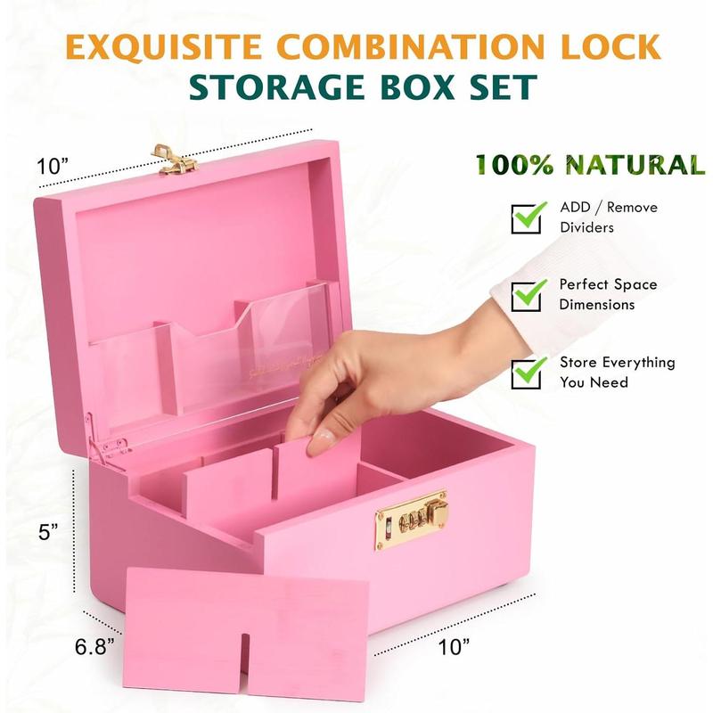 Large  Box With Combination Lock, 2024 Newest Decorative Home Locking Box Set, Lockable Storage Boxs with Removable Tray and Glass Jar  Gifts for Father's Day(Pink)