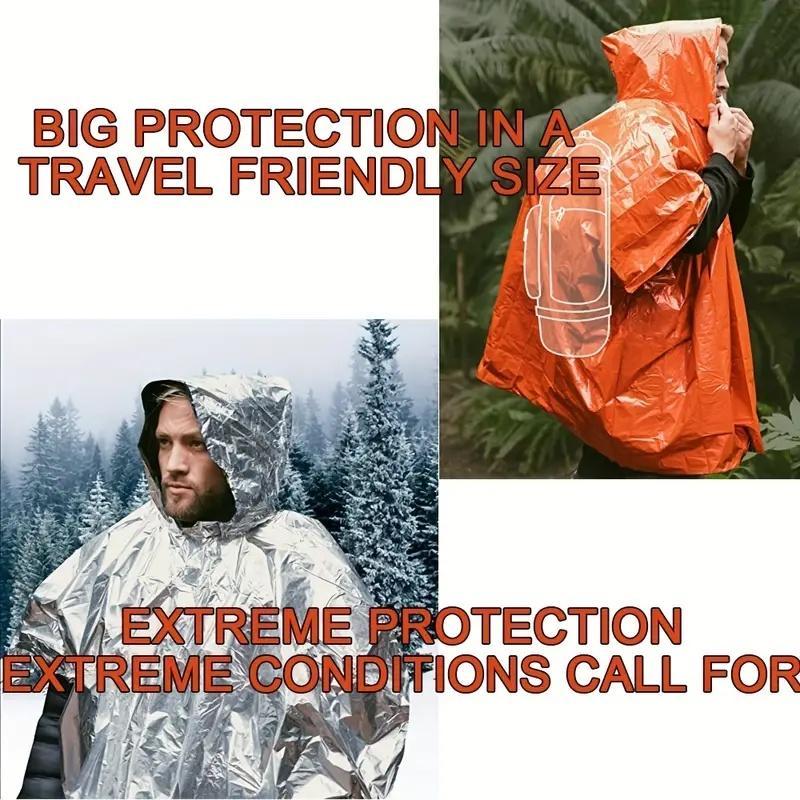 Reusable Heavy Duty Emergency Rain Poncho with Hood, Waterproof Thermal Blanket for Camping, Survival, and Emergency Kits