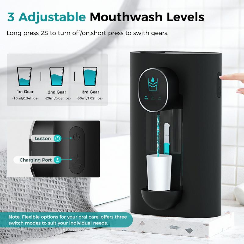 Oylik Automatic Mouthwash Dispenser 18.26 oz Touchless Mouthwash Dispenser for Bathroom 2 Magnetic Cup USB Rechargeable and 3 Dispensing Levels Adjustable Toothbrush Adjustable