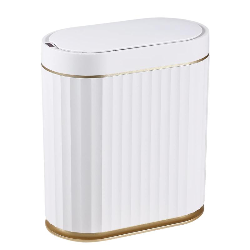 Automatic Motion Sensor Trash Can - 2 Gallon Slimline for Bathroom, Bedroom, Kitchen, Office - White with Gold Trim Waterproof Hand