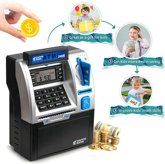 DISHIO ATM simulation saving toys for boys and girls, children's money safe bank bills and coins, electronic ATM cash coin bank deposit box with passwords, cultivate children's interest in birthday gifts for boys and girls