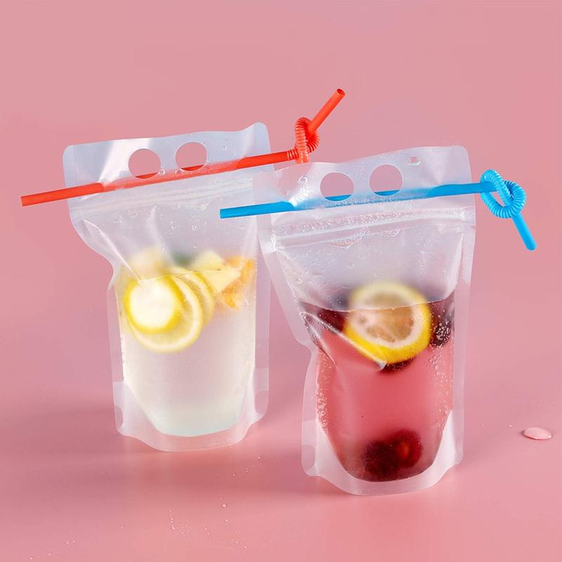 100count Drink Pouches for Adults Heavy Duty Hand-Held Translucent Reusable Juice Pouches Smoothie Pouches with 100 Drink Straws Adult Party Favors