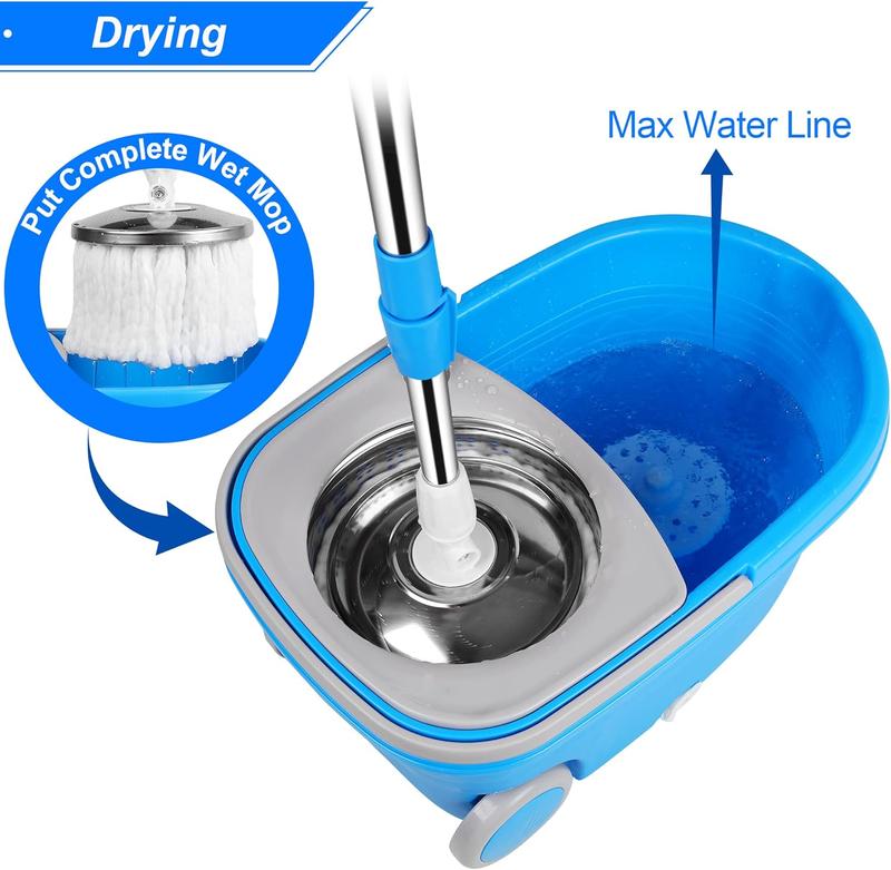 Spin Mop & Bucket Floor Cleaning System with Stainless Steel Wringer Set and 2 Microfiber  Replacement Refills, 61in Extendable Handle Rubber Box