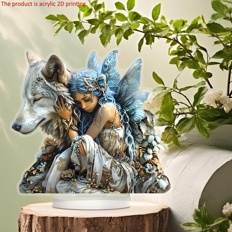 Wolf & Fairy Pattern Acrylic Desktop Decoration Sign, 1 Count Boho Style Decorative Plaque, Desktop Ornament for Home Office Coffee Shop