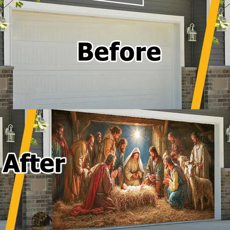 Festive Season Birth Scene Outdoor Garage Door Banner Decoration - Large 6X13 Feet Polyester Tapestry Background for Holiday Parties