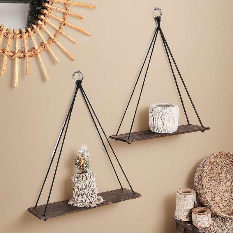 Hanging Wooden Shelves, 2 Counts Boho Hanging Plant Shelf, Hanging Ornaments for Wall Decor, Hangable Floating Farmhouse Rustic Shelf for Plant Pot, Fall Decor, Room Decor, Bedroom Decor, Christmas Gifts, 2024 Storage Organizer