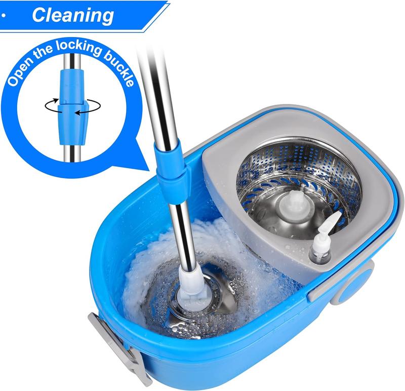 Spin Mop & Bucket Floor Cleaning System with Stainless Steel Wringer Set and 2 Microfiber  Replacement Refills, 61in Extendable Handle Rubber Box