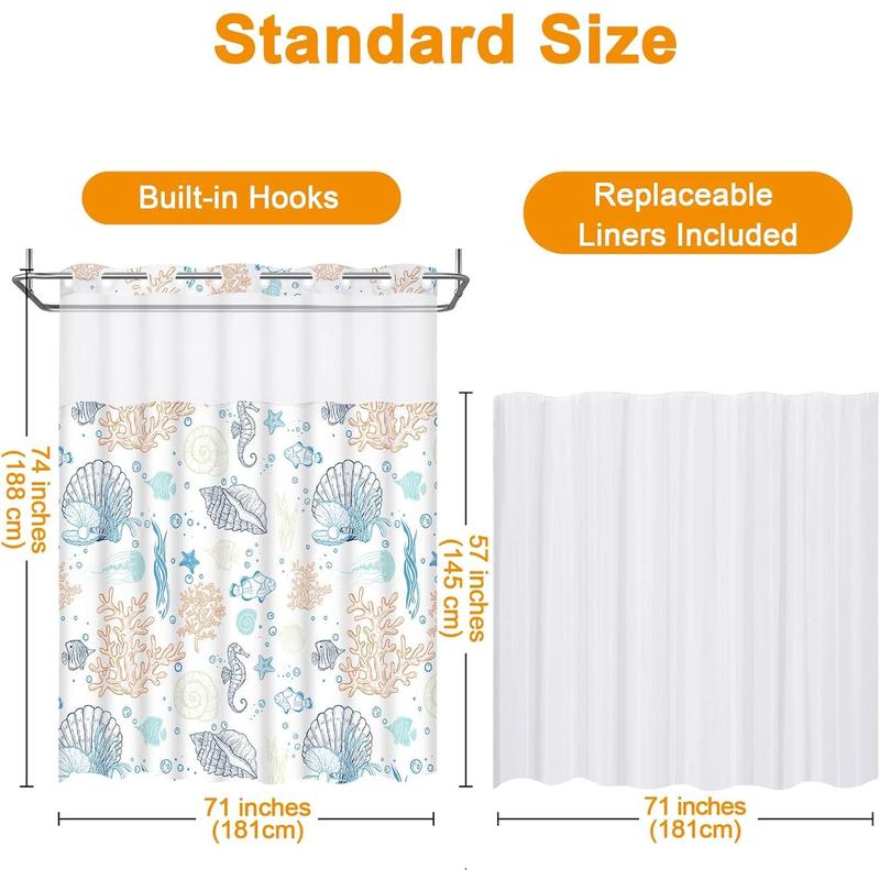 No Hook Shower Curtain with Snap in Liner,Coastal Shower and Liner Set for Bathroom  See Through Shower Curtain with Window, Double Layer,Washable