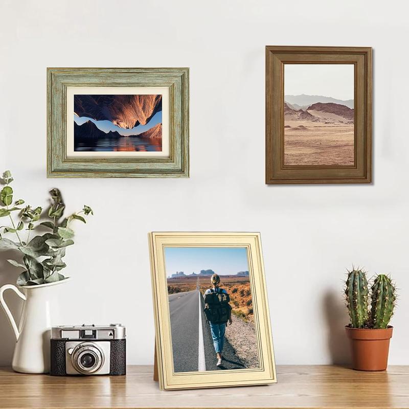 Picture Frame, Set of 4 Tempered Glass with Vintage Wood Grain, Farmhouse Rustic Frames, Suitable for Tabletop Display and Wall Hanging. Decor Photo