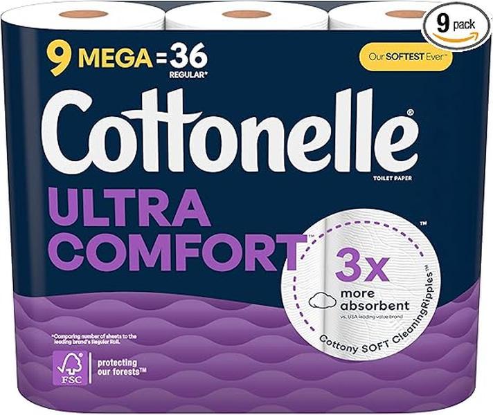 Ultra Comfort Toilet Paper, 9 Mega Rolls (9 Mega Rolls = 36 Regular Rolls), 244 Sheets per Roll, Packaging May Vary Wipes