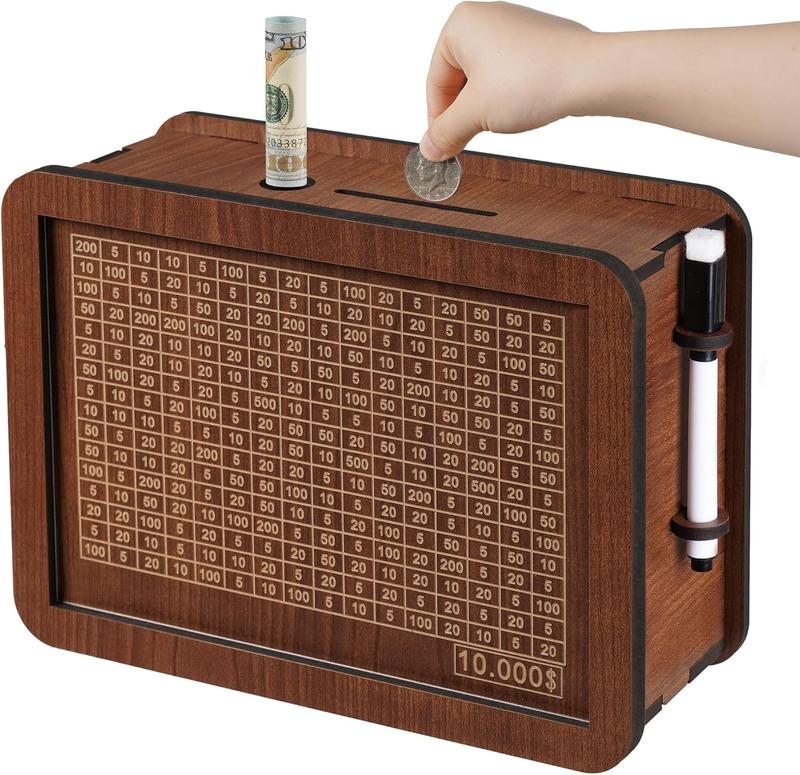 Cash Vault Wooden Savings Box, Piggy Bank for Adults Kids, Coin Bank for Boys and Girls, Unique 10000 Savings Challenge Box, Wooden Cash Savings Box with Money Target and Numbers (10000 Dollar)