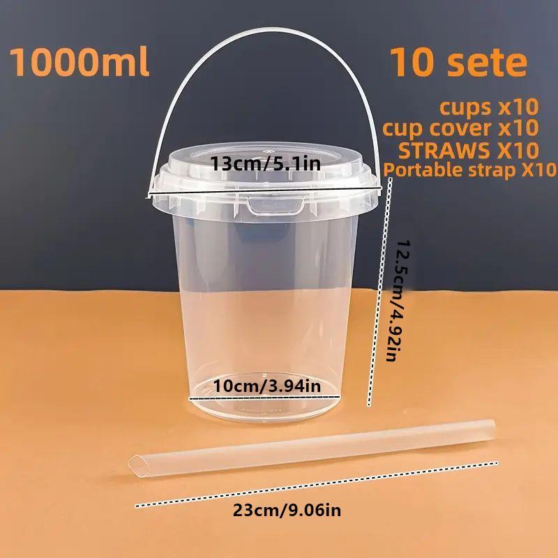 1000ml Large Capacity Disposable Fruit Juice Cup, 10 Sets Clear Fruit Juice Drink Cup with Lid & Handle & Straw, Drinking Cup for Home Party Picnic