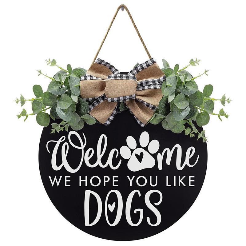 Welcome We Hope You Like Dogs Farmhouse Door Sign, 1 Count Letter Pattern Round Wooden Sign, Hanging Sign for Front Door Porch Farmhouse Decor