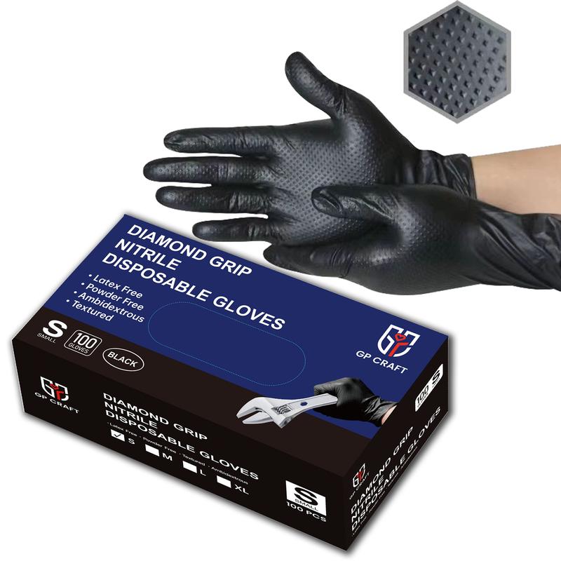 GP Craft  8Mil Diamond Textured Black Nitrile Gloves (Automative Work) Cleaning Hand Cover