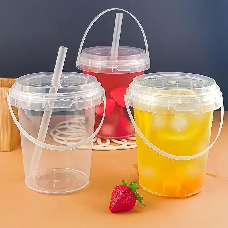 1000ml Large Capacity Disposable Fruit Juice Cup, 10 Sets Clear Fruit Juice Drink Cup with Lid & Handle & Straw, Drinking Cup for Home Party Picnic