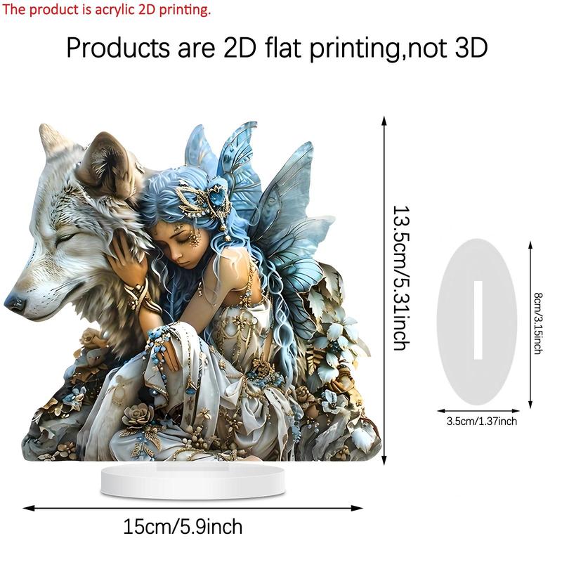 Wolf & Fairy Pattern Acrylic Desktop Decoration Sign, 1 Count Boho Style Decorative Plaque, Desktop Ornament for Home Office Coffee Shop