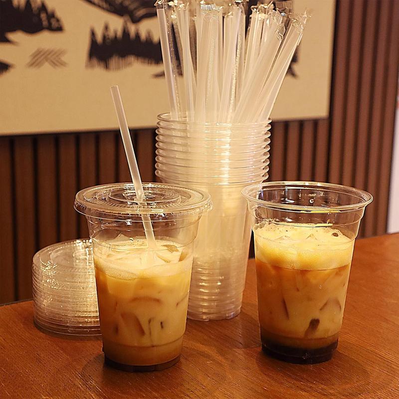 16oz Clear Plastic Cup with Straw & Lid, 50 Sets Disposable Coffee Cup, Disposable Cups, Disposable Tableware for Party & Takeaway Drink