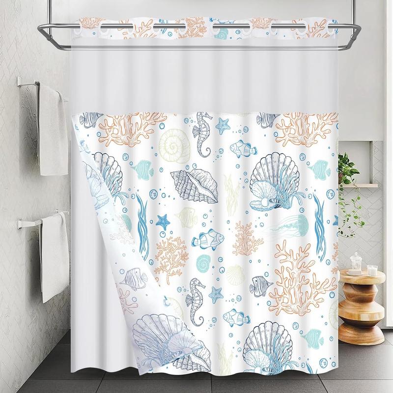 No Hook Shower Curtain with Snap in Liner,Coastal Shower and Liner Set for Bathroom  See Through Shower Curtain with Window, Double Layer,Washable