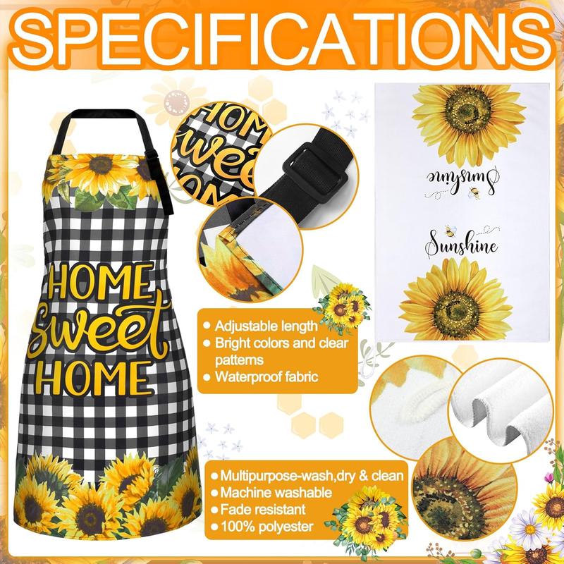 13 count Bee Sunflower Kitchen Set Include 5 Cute Wooden Spoons 2 Kitchen Towels 2 Kitchen Apron 2 Oven Mitts 2 Bee Sunflower Pot Holders for Housewarming Gifts (Sunflower)