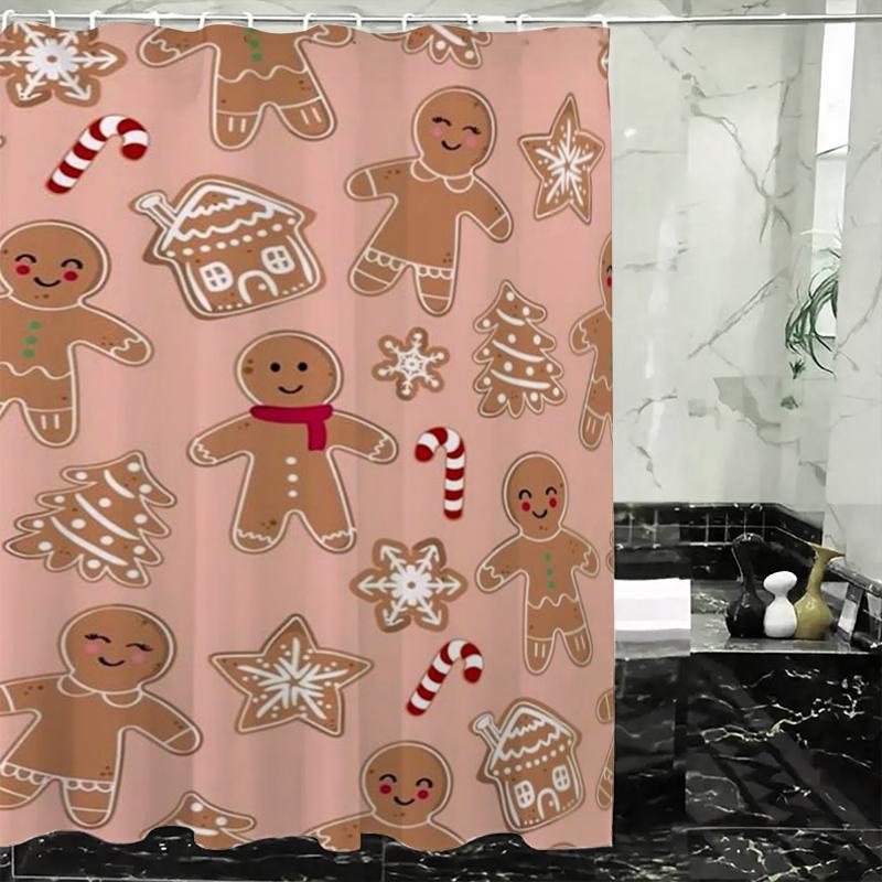 Gingerbread Man Pattern Shower Curtain, 1 Count Waterproof Bathroom Curtain with Hooks, Bathroom Accessories, Home Decor Supplies for Bathroom