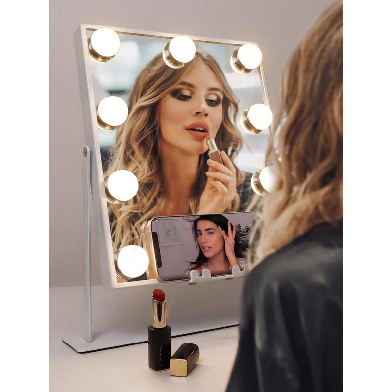 FENCHILIN White Holly Wood Vanity Mirror With Lights 9 Dimmable Bulbs Wireless Charger Bluetooth Speaker Makeup Mirror With Smart Touch Control For Glam Room Bedroom Detachable 10X Magnification