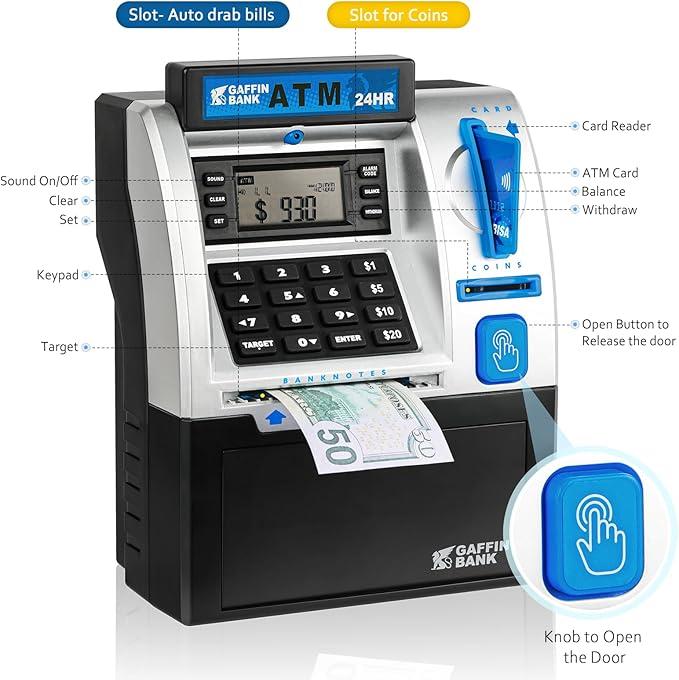 DISHIO ATM simulation saving toys for boys and girls, children's money safe bank bills and coins, electronic ATM cash coin bank deposit box with passwords, cultivate children's interest in birthday gifts for boys and girls