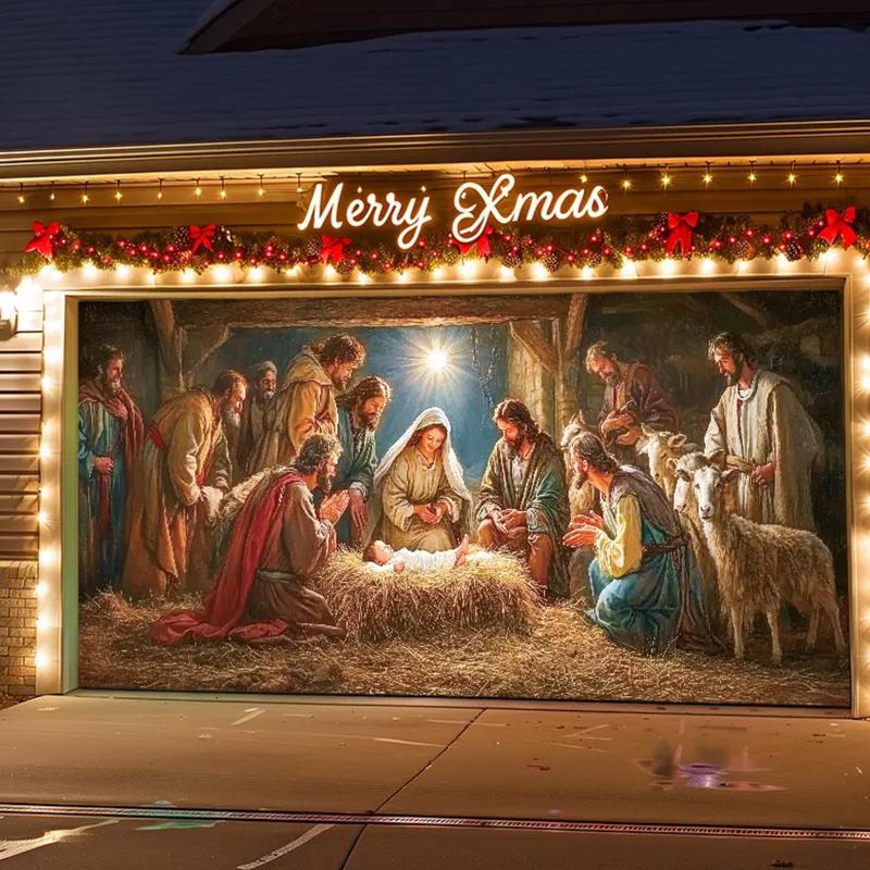 Festive Season Birth Scene Outdoor Garage Door Banner Decoration - Large 6X13 Feet Polyester Tapestry Background for Holiday Parties