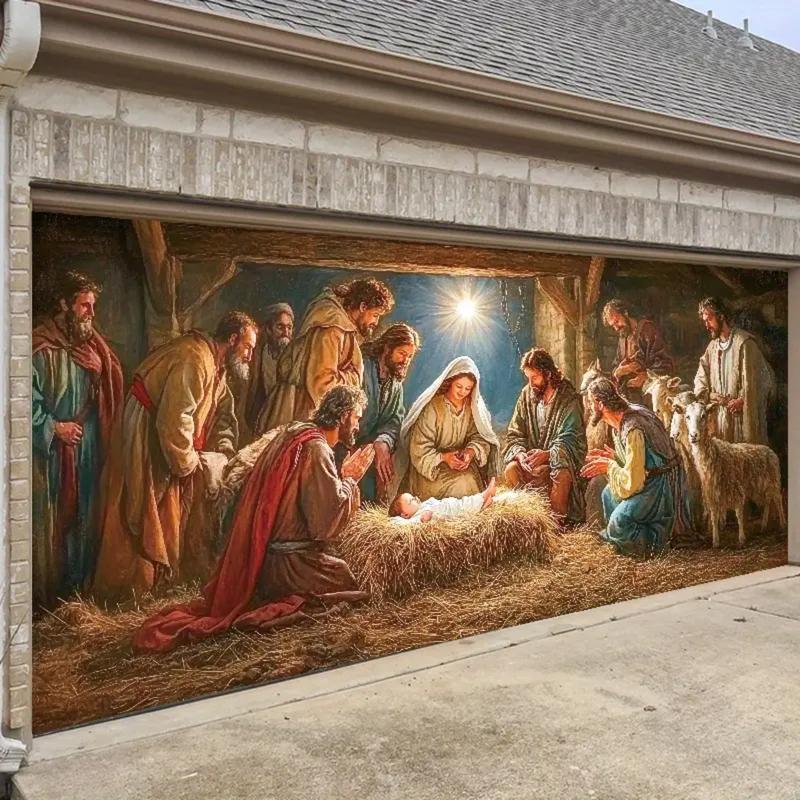 Festive Season Birth Scene Outdoor Garage Door Banner Decoration - Large 6X13 Feet Polyester Tapestry Background for Holiday Parties