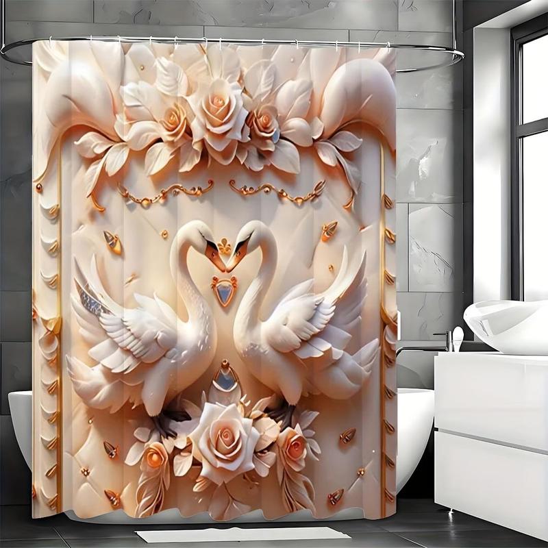 1pcs 3D Swan Embossed Pearl Print Creative Shower Curtain Set, Decorative Bathroom Set including Waterproof Shower Curtain, and 12 Plastic Hooks, Bathroom Accessories, Home Decoration