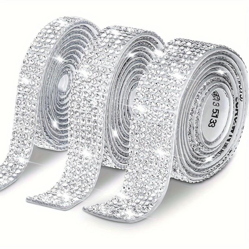 Rhinestone Decorative Sticker, 3 Rolls Adhesive Rhinestone Ribbon, DIY Decoration Sticker for Wedding Party Clothing, Car Interior, Luggage, Hat, Shoe, Phone Case, Hair Decoration