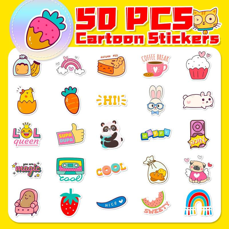 Cute Cartoon Animal & Food Pattern Sticker, 50pcs Self Adhesive Decor Stickers, Decorative Sticker for Laptop, Guitar, Water Bottle & Skateboard