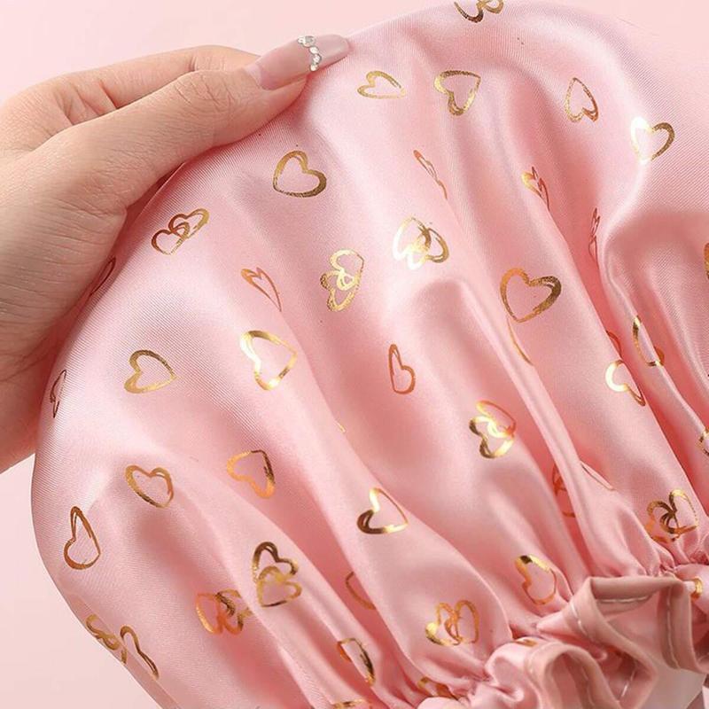 Double Layer Bathing Cap, 1 Count Heart Pattern Waterproof Shower Cap for Women & Girls, Bathroom Supplies for Home Use