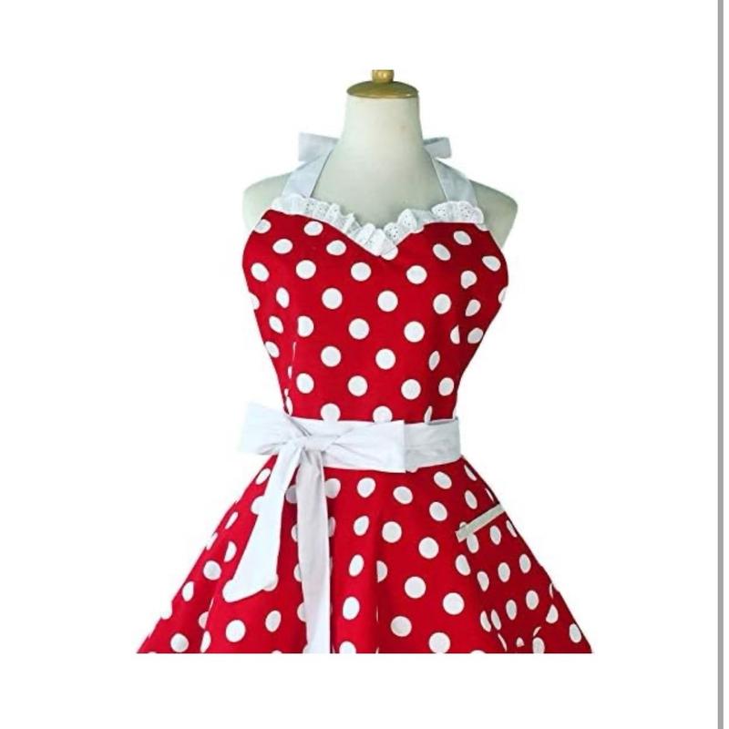 Lovely Sweetheart Retro Kitchen Aprons Woman Girl Cotton Polka Dot Cooking Salon Dress Pinafore Vintage Apron Mothers Gift (Red)