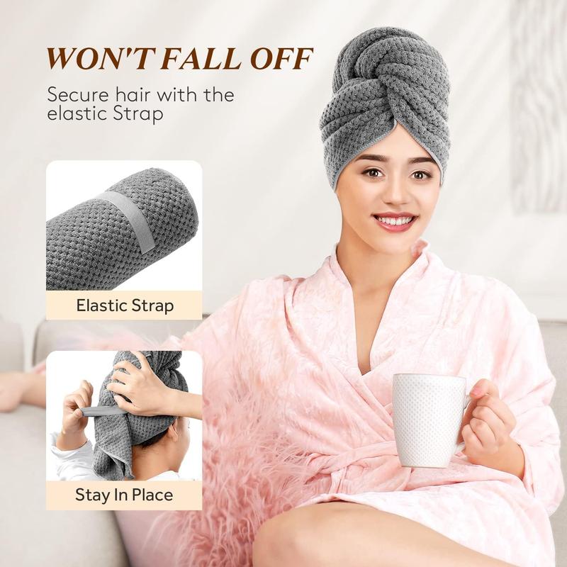 Hair Drying Towel, Solid Color Microfiber Soft Absorbent Hair Wrap Towel with Elastic Strap, Large Hair Turban Towel for Wet Hair, Dorm Essentials, Girlfriend Gifts