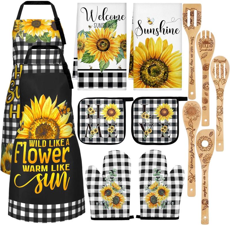 13 count Bee Sunflower Kitchen Set Include 5 Cute Wooden Spoons 2 Kitchen Towels 2 Kitchen Apron 2 Oven Mitts 2 Bee Sunflower Pot Holders for Housewarming Gifts (Sunflower)