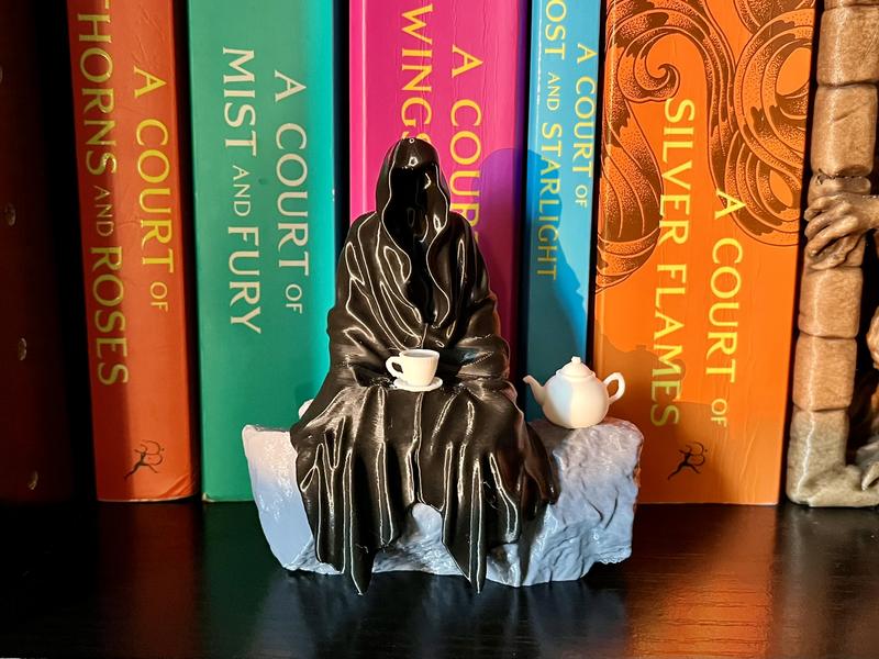 Spill the Tea Bookshelf Decor - Seated Hooded Ghost Figurine with Tea Cup and Tea Pot - 3D Printed Bookshelf Decor - Full Color