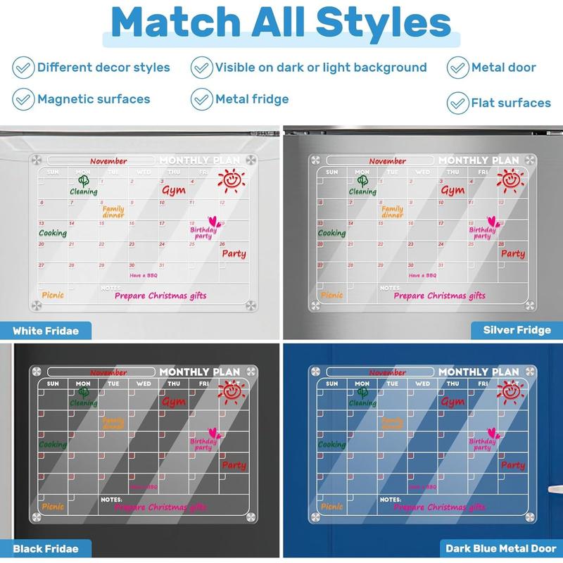 Acrylic Magnetic Monthly and Weekly Calendar for Fridge, Transparent Dry Erase Board for Refrigerator includes 4 Colors Markers and Eraser Apartment Decor Must Haves Acrylic Planner Board
