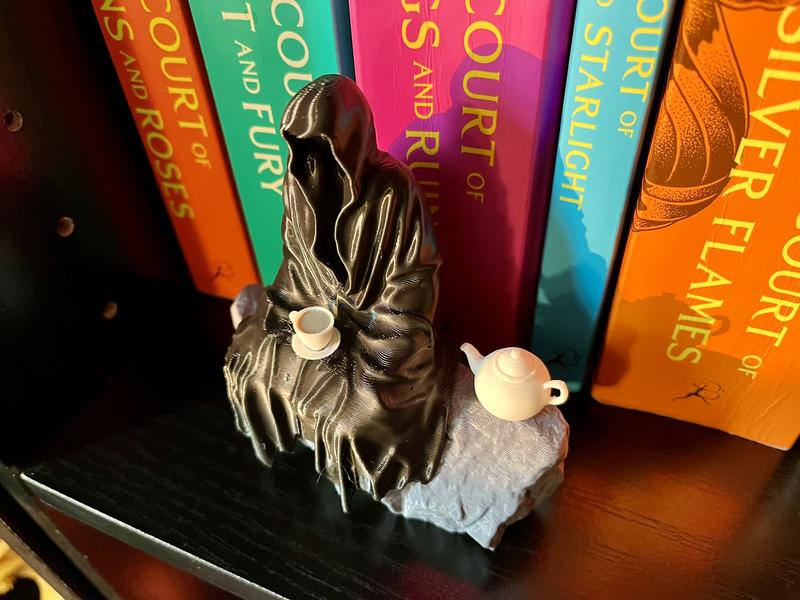 Spill the Tea Bookshelf Decor - Seated Hooded Ghost Figurine with Tea Cup and Tea Pot - 3D Printed Bookshelf Decor - Full Color