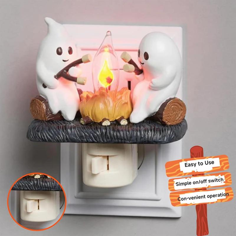 Ghosts Roasting Marshmallows over Flickering Halloween Night Light – Spooky Decor campfire nightlight Lightweight Cloth