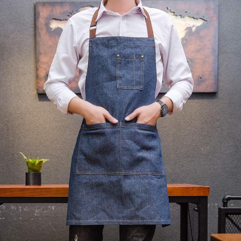 Unisex Adjustable Multi Pocket Denim Apron for Chef Kitchen BBQ and Studio