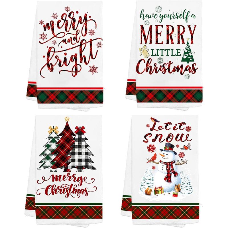 Christmas Kitchen Towels, Christmas Hand Towels Set of 4 Dish Towels Buffalo Plaid Christmas Tea Towels and Dishcloth for Kitchen Winter Snowman Red Merry Christmas Tree Towels