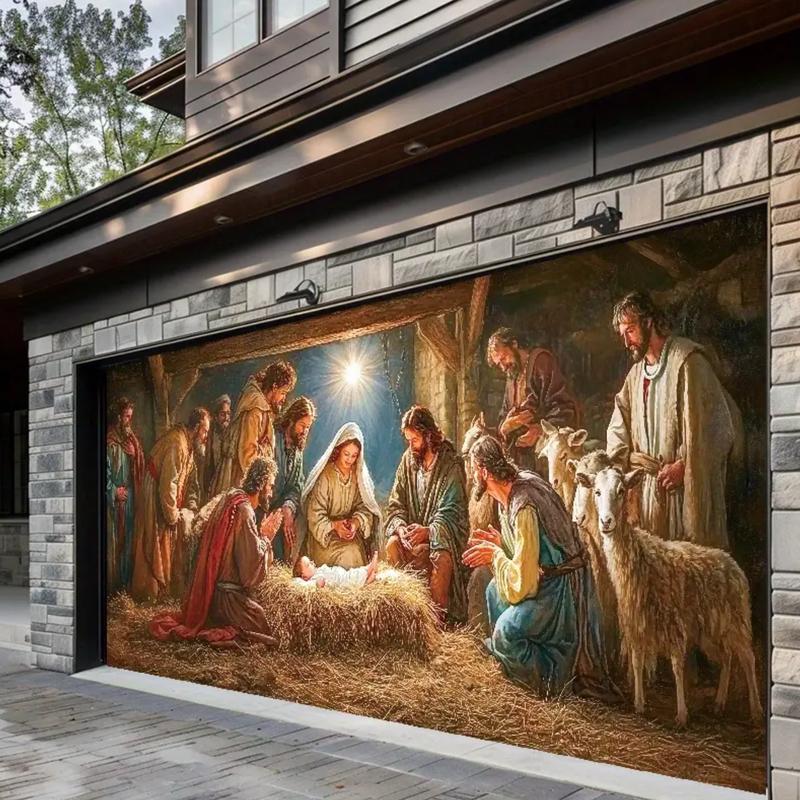 Festive Season Birth Scene Outdoor Garage Door Banner Decoration - Large 6X13 Feet Polyester Tapestry Background for Holiday Parties