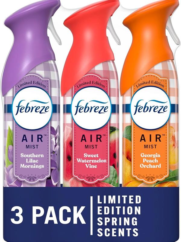 Febreze Air Mist Odor-Fighting Air Freshener Mixed Scent, Southern Lilac Mornings, Georgia Peach Orchard, Sweet Watermelon Vine, 8.8 oz. Aerosol Can, Pack of 3