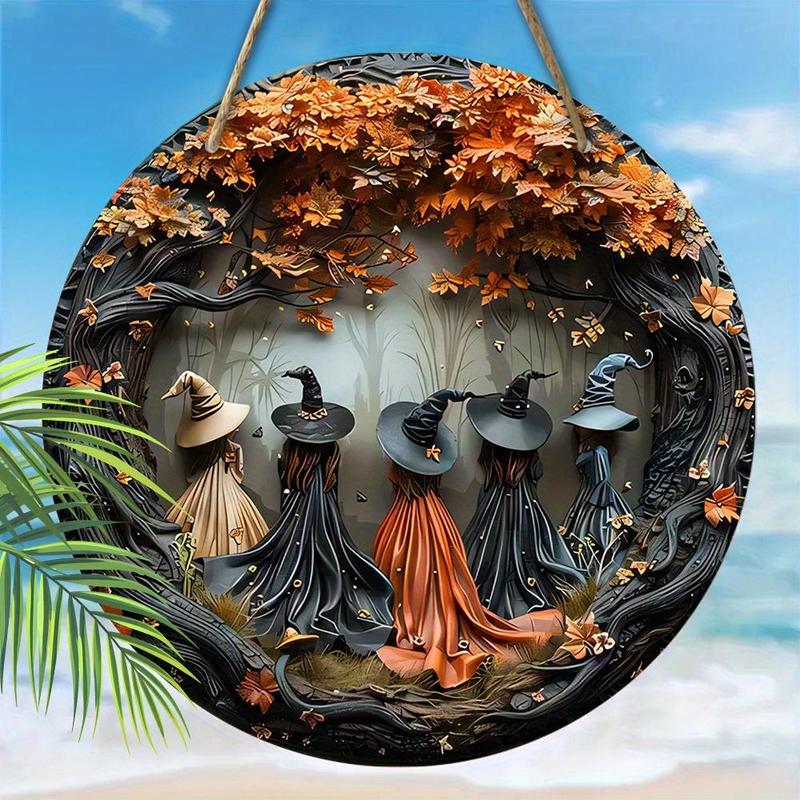 Witch Pattern Hanging Sign, 1 Count 2D Relief Design Round Hanging Decor, Wall Hanging Decor for Home Yard Door Balcony