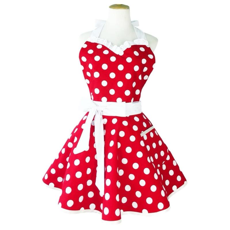 Lovely Sweetheart Retro Kitchen Aprons Woman Girl Cotton Polka Dot Cooking Salon Dress Pinafore Vintage Apron Mothers Gift (Red)