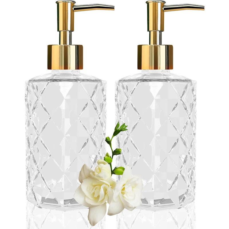 Clear Glass Soap Dispenser, 2 Pack   11 Oz Liquid Hand Soap Dispenser Set for Kitchen Sink and Bathroom, Dish Soap Dispenser Set Jar Lotion Glass Soap Dispenser Bottles with Gold Pump (Clear)