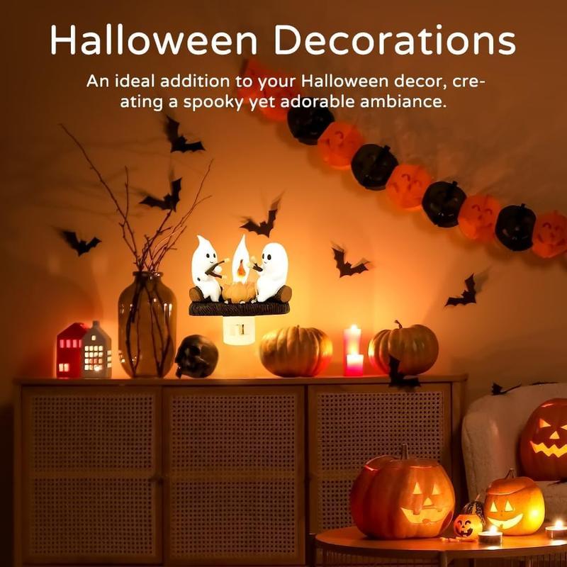 Ghosts Roasting Marshmallows over Flickering Halloween Night Light – Spooky Decor campfire nightlight Lightweight Cloth